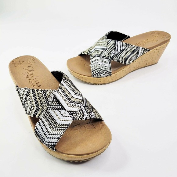 Stylish Black and White Wedge Sandals By Sketchers - Picture 1 of 8